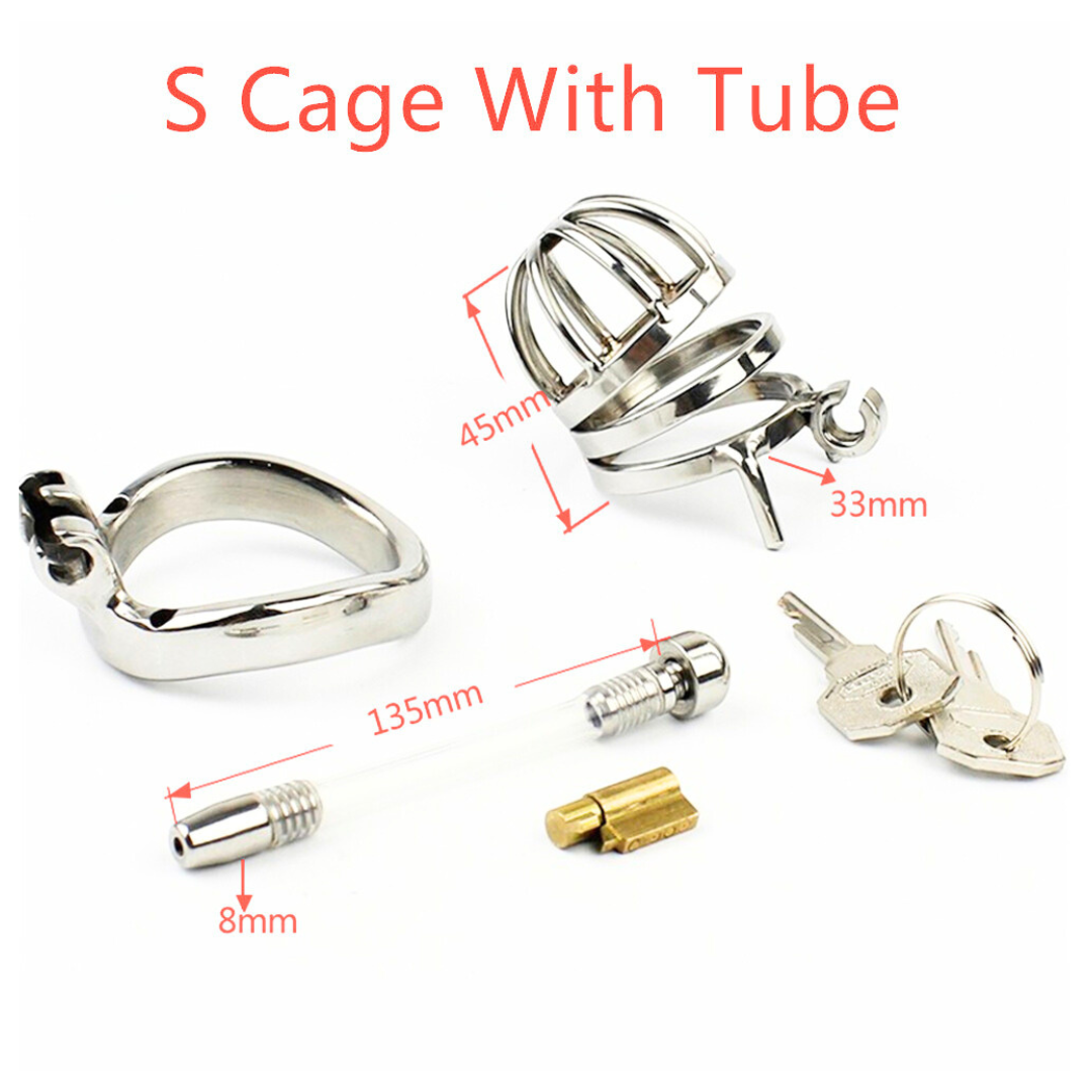 Stainless Steel Cock Cage With Catheter Chastity Device -Metal Prisoner