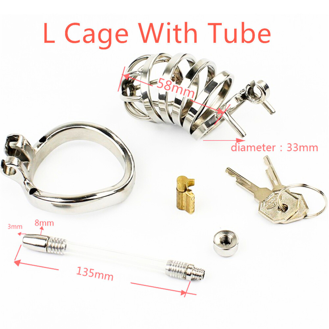 Stainless Steel Cock Cage With Catheter Chastity Device -Metal Prisoner