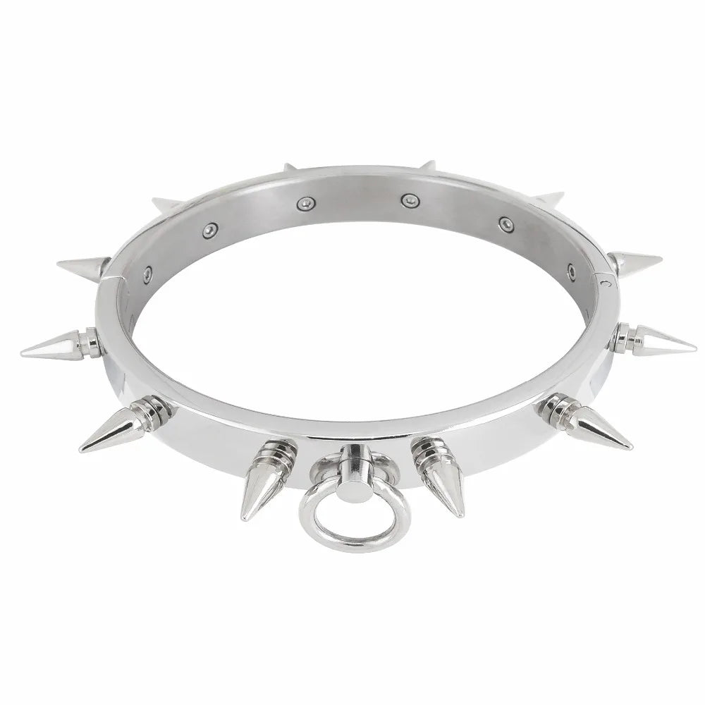 Spiked Stainless Steel Slave Collar with O-Ring – Lockable BDSM Choker