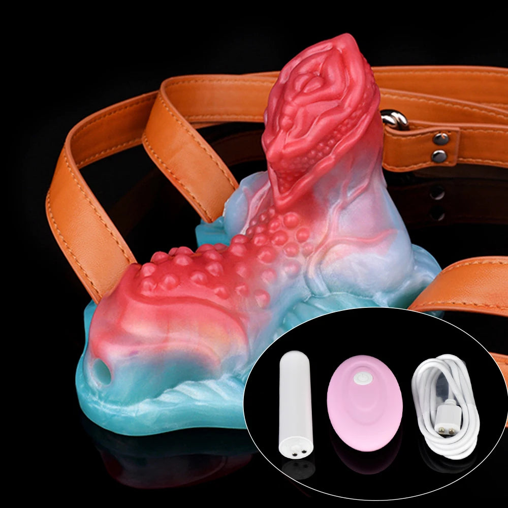 The Seeker - Squirting Thigh Grinder Strapon With Vibrator and Anal Dildo Female Masturbator Monster Vulva